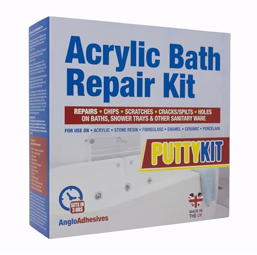 Acrylic Bath Repair Kit Inc Putty, British Made Shower & Bathtub Repair Kit. Repairs Chips, Splits, Hairline Cracks & Leaks on Plastic, Fibre Glass & Stone Resin. Colour Matched to European White
