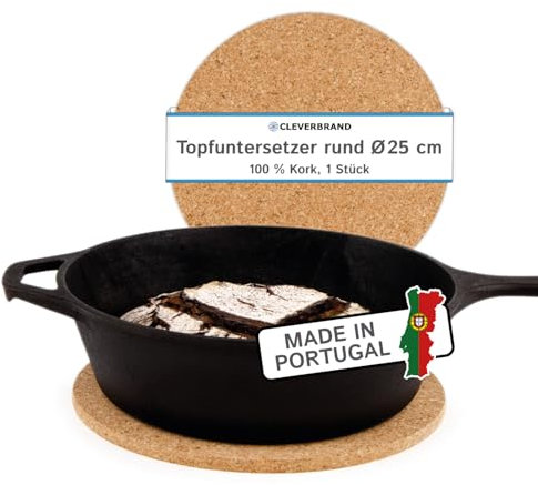 Cleverbrand Topfuntersetzer aus Kork, hitzebeständig, Ø 25 cm, 10 mm stark, rund, Naturkork Untersetzer für Töpfe und Pfannen – Made in Portugal