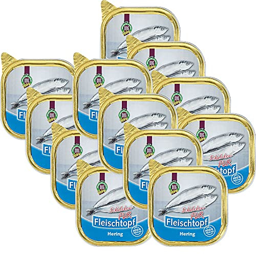 Schecker Nassfutter für Hunde - 100% nur Hering - Fleischtopf Schälchen PUR - 12 x 200 g - getreidefrei - gewolft und ohne weitere Zutaten
