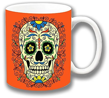 Retro Kitsch Mexican Sugar Skull Day of the Dead Orange Multi Ceramic Tea Coffee Mug Unique Gift Idea