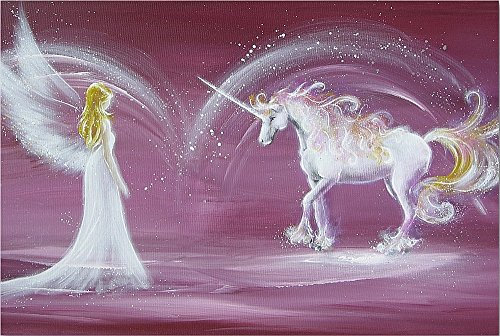 Henriettes-ART Engelbilder, Kunstfoto: Berührung des Herzens Schutzengel Bild mit Einhorn in Lila Weiß. Spirituelle Bilder