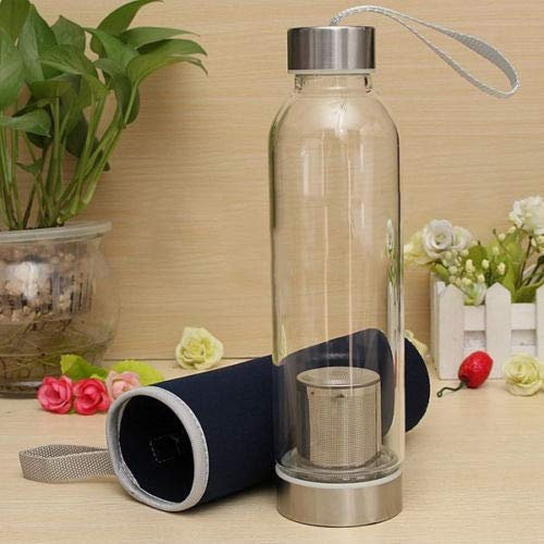 Botella de agua de cristal de 550 ml para zumo y té + taza con infusor de filtro, sin BPA, color azul oscuro