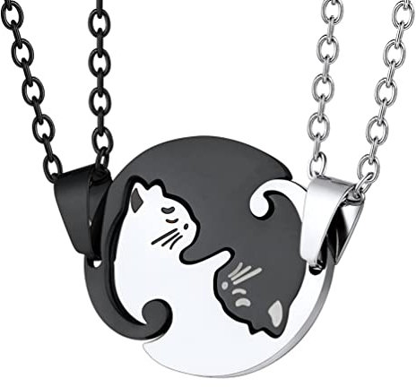 PROSTEEL Katzen Ketten für Freundschaft Partnerschaft 2-Teilig personalisiert Puzzle schwarz/Edelstahl Anhänger mit Rolokette Liebespaar Schmuck für Valentinstag Jahrestag