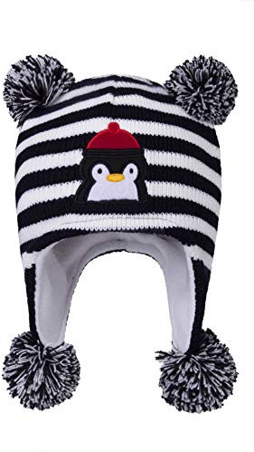 LANGZHEN Kleinkind Kinder Kleinkind Winter Hut, Earflap Strick Warme Kappe Fleece gefütterte Mütze für Baby Jungen Mädchen (Pinguin -Schwarzer Streifen, 12-24 Monate)