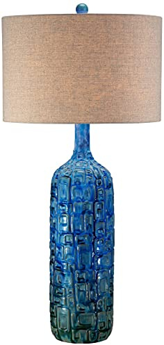 Possini Euro Design Mid Century Modern Style 3-Way Table Lamp with Table Top Dimmer 36 Tall Teal Glaze Ceramic Tan Linen Drum Shade for Living Room Bedroom House Bedside Home (Colors May Vary)