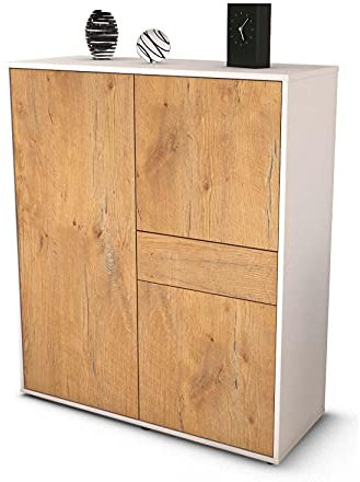 Stil.Zeit Highboard Lana, Korpus Weiss matt, Front Holz-Design Eiche (92x108x35cm), Push-to-Open Technik & Leichtlaufschienen