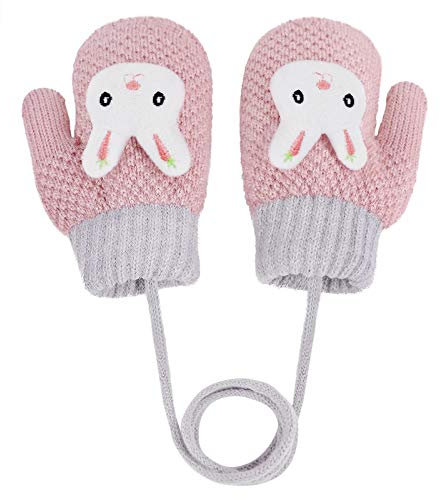 YSXY Süße Fäustlinge Baby Kleinkind Gestrickte Handschuhe für 1 2 3 Jahre Jungen Mädchen Winter Warme Strickhandschuhe mit schnur Fleece-Innenfutter (Pink-Kaninchen)