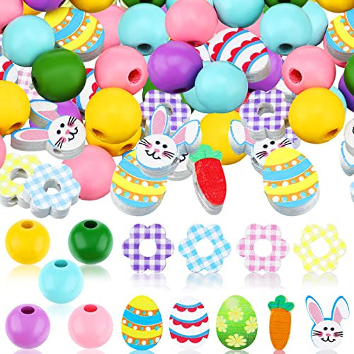Waydress 200 Pieces 16 mm Wooden Easter Craft Beads - Round, Blue, Green, Pink, Purple, White