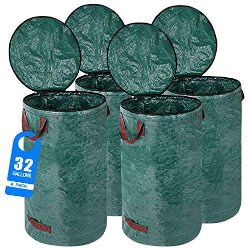 Pilntons Confezione da 4 sacchetti riutilizzabili da 32 galloni con coperchio, sacchetti per rifiuti da giardino, rinforzati, 4 manici, riutilizzabili, per esterni, prato, piscina, giardino, patio