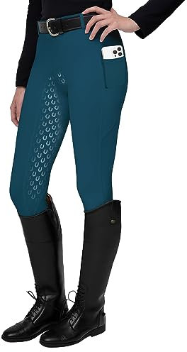 FitsT4 Sports Damen Reitleggings Silikon Vollbesatz Reithose mit Handytasche und Gürtelschlaufen,Navy Blau,Gr.L