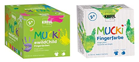 Kreul 2305 - Mucki Fingerfarben Premium Set Wild Child, für Kinder ab 2 Jahren, 8 x 150 ml & 2314 - Mucki leuchtkräftige Fingerfarbe, 4 x 150 ml in gelb, rot, blau und grün, parabenfrei, glutenfrei