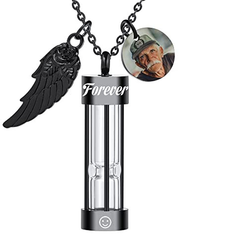 MeMeDIY Personalisierte Urne Herren Halskette für Asche Edelstahl Sanduhr Memorial Anhänger mit Engelsflügel Rund Bild Anhänger Andenken-Schwarz