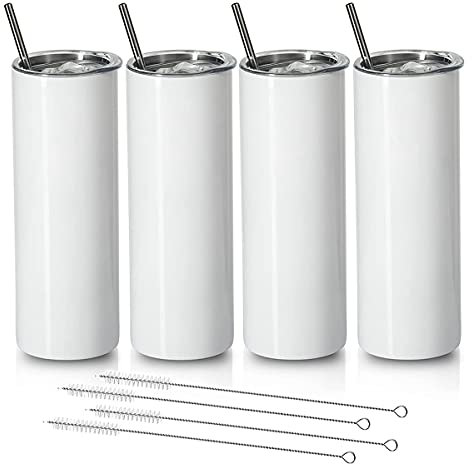 GROCKSTR Sublimations Becher 20 Schlank Gerade,Edelstahl Sublimation Rohlinge Skinny Tumbler,Mit Deckel und Stroh Halm,4 Packungen