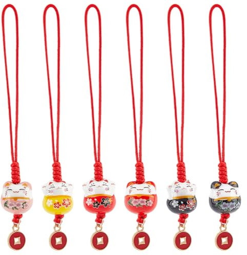 PH PandaHall 7pcs Breloques de chat porte-bonheur, Porte-clés chat en céramique Ornement Maneki Neko Pendentif de téléphone portable avec des pièces Pendentifs en alliage pour cadeau de Noël