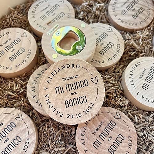 Lot de 20 à 100 décapsuleurs aimantés en bambou naturel « personnalisé ». Détails écologiques pour mariages, baptêmes et communions, décapsuleurs ronds en bois, ustensiles de bar (50)
