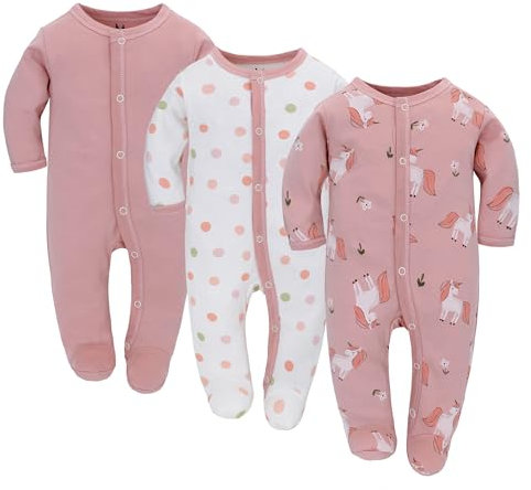 3PCS Baby Schlafstrampler Babychlafanzug Babyschlafsack Baumwolle mit Füßen mit knöpfen Gr. 56 62 68 für Junge Mädchen Neugborenen (Rosa, 56)