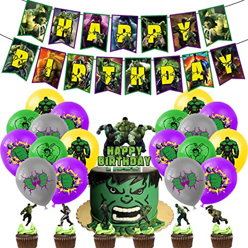 RZDQZY Hulk Kindergeburtstag Deko: 20 Luftballons, Geburtstag Girlande, 13 Kuchen Topper - Grün, Cartoon, Buchstabenmuster