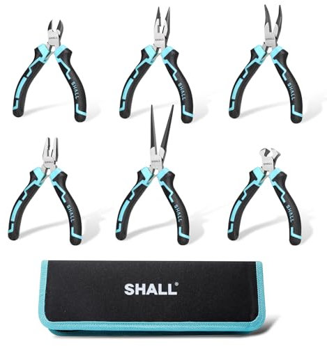 SHALL Mini-Zangen-Set 6-tlg.: Spitzzange, Langnasenzange, Gebogene Zange, Seitenschneider, Endschneider, Drahtschneider + Aufbew.Tasche. Automatischer Federmechanismus, rutschfeste TPR-Griffe