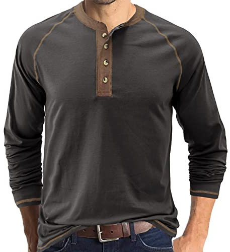 Mens Henley Shirts Casual Shirt Long Sleeve Tops Cotton Tee Basic T-Shirt Crew Neck Top Knitted Buttons Dark Grey