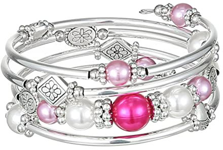 FULU AUTUMN Damen Boho Armband mit Mehrschichtiges Perlen Silber Wickelarmband Modeschmuck Geschenke zum Geburtstag und Muttertag für Frauen(18-Hot pink)