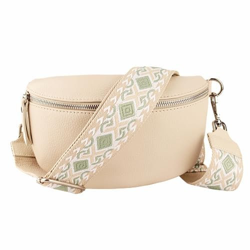 MIRROSI® Bauchtasche Damen, Echtleder, Made in Italy, Umhängetasche, Brusttasche, Crossbody Bag (1 Tasche & 2 Gurte) (Beige (Raute Grün), Mittelgroße Tasche (25x16x7cm))