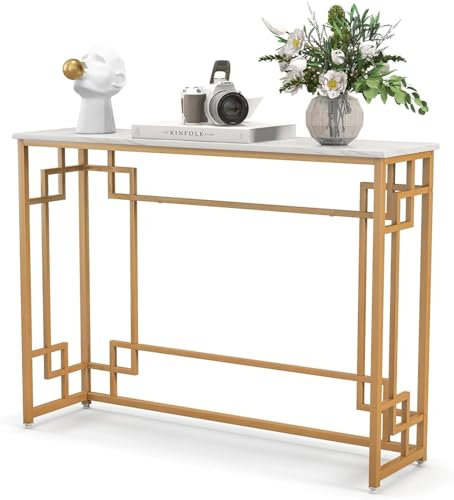 LIFEZEAL Konsolentisch Marmor, Eingangstisch aus Metallrahmen, Flurtisch mit verstellbaren Füße, Eleganter Beistelltisch für Flur, Wohnzimmer, Eingang, 110 x 30 x 81cm, Gold