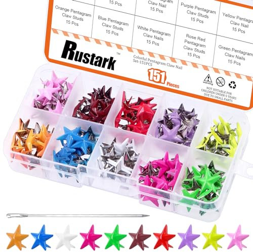 Rustark 150 Stück 15.7MM Bunte Metall Nagelkopf Sternnieten Set Star Nieten Klaue Nieten handgepresste Metall Punknieten Punk Nieten für DIY Leder Handwerk Dekorationen