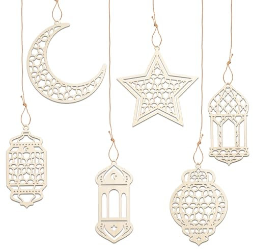 DADAPANGHU Ramadan Deko, 6 Stück Ramadan Ornament Holz Anhänger, Ramadan Mubarak Dekoration, Ramazan Dekor, Eid Mubarak Dekoration Windlicht Mond Sternform, Ramadan Dekoration Set Wohnzimmer