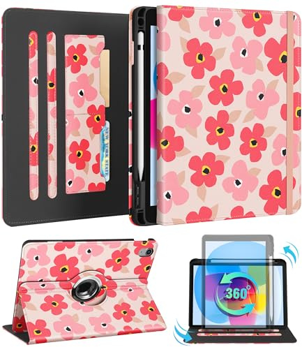 Kidcube Schutzhülle für iPad 10. Generation 2022, iPad (A16) Hülle 11. Generation 2025 – niedlicher drehbarer Ständer, Folio-Schutzhülle mit Stifthalter und Kartenschlitz, Kawaii-Blumen-Design