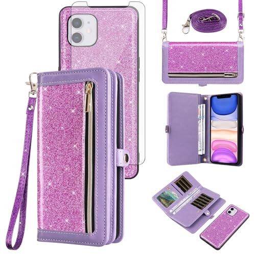 Asuwish Phone Case for iPhone 11 6.1 Zipper Wallet Cell Cover with Tempered Glass Screen Protector Lanyard Strap Bling Glitter Flip Card Holder iphone11case iPhone11 i Phone11 11s XI 11R Women Purple