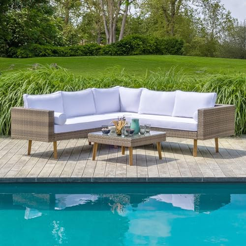 SKYLANTERN Salon de Jardin Calvi Effet rotin - Beige - 5 Personnes - Salon de Jardin avec Pied en Bois d'Acacia 100% FSC