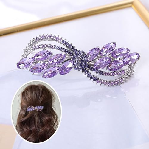 Rhinestone Crystal Hair Clips for Women Girl, Purple Hair Barrettes Snap-On Hair Pins, Leafy Elegant French Clasp, Automatic Clamp Hair Accessories for Fine Medium Thick Hair