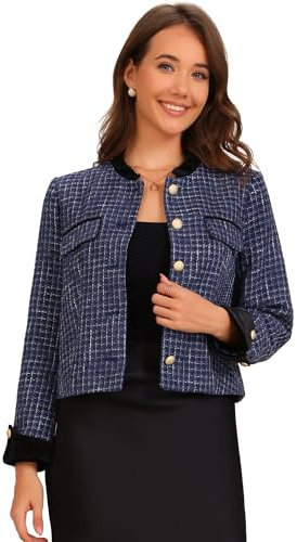 Allegra K Donna Cappotto da Giacca Casual A Maniche Lunghe con Colletto alla Coreana in Tweed Blu L