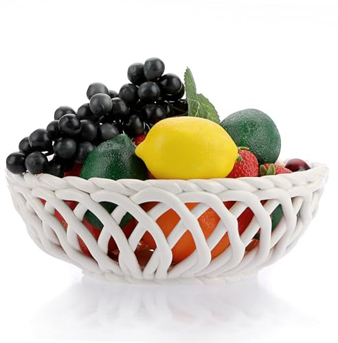 OGANAZI Ceramic Fruit Bowl for Kitchen Counter, Large Fruit Basket for Table Countertop, Decorative Woven Fruit Bowl Fruit Storage Basket for Home, Kitchen Counter Serving Bowl for Fruit, 24.8*8.1cm
