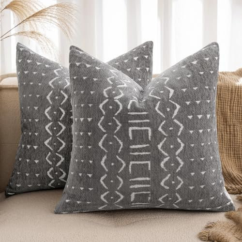 MIULEE 2er Kissenbezug 40x40 H-Hellgrau Chenille Boho Kissenbezüge Kissenhülle Sofakissen dekokissen zierkissen Elegantes Design für Couch Sofa Wohnzimmer
