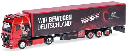 Herpa LKW Modell MAN TGX GX Gardinenplanensattelzug Genthner/Wir bewegen Deutschland (Baden-Württemberg/Oberderdingen), Miniatur im Maßstab 1:87, Sammlerstück, Made in Germany, Kunststoff