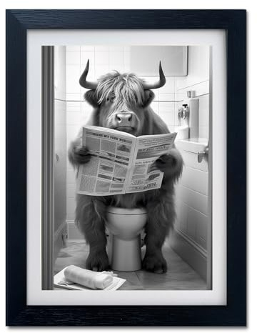 Highland Cow Bilder Badezimmer Wanddekoration Kuh auf Toilette Kunstwerk Schwarz und Weiß Lustig Badezimmer Wandkunst Tierdruck