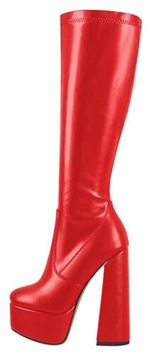 VERISSON Damen Stretch Stiefel Plateau Kniestiefel mit Blockabsatz Boots Glattoptik Rot 37 EU