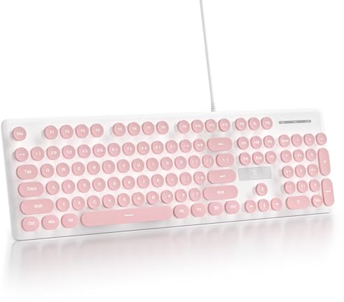 surmen Cute Quiet Keyboard Pink Wired Typewriter Keyboard, Light Up Backlit PC Keyboards with Retro Round Keys Full Size 104 Keys for Office Computer (Pink)