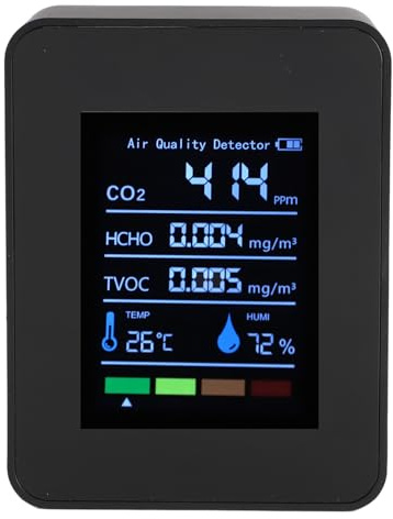 CO2-TVOC-HCHO-Detektor, Luftqualitätstester, 5-in-1-Innenmessgerät mit Wiederaufladbarer Batterie, Farbbildschirm, für Zuhause, Büro, Auto, Wohnmobil, Reisen, Camping (Black)