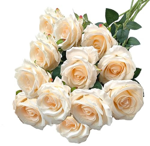 RXKFIGX 12 Pcs Fleurs de Rose Artificielle Couleur Champagne Roses en Soie Tige Unique Réaliste 51 CM Fausses Fleurs de Soie Tige Unique Roses pour Mariage Fête Table Jardin Hôtel Bureau(Champagne)
