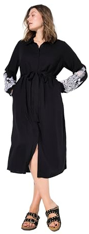 Studio Untold Damen große Größen Übergrößen Plus Size Hemdblusen-Midikleid, A-Linie, bestickte Puffärmel schwarz 46+ 839904100-46+