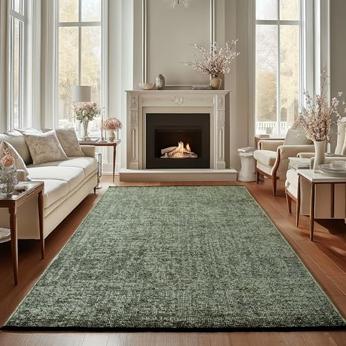 Carpettex Chenille Teppich Baumwolle Grün 160x230 cm Boho-Stil, Vintage Kelim, Waschbar, Kurzflor, rutschfest & Weich, Einfarbig Meliert, Für Wohnzimmer, Schlafzimmer, Büro & Küche