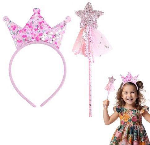 THXFUNAREA Bacchetta Magica per Bambini + coroncina compleanno, Bacchetta Magica con Stelle Glitter per Ragazze, Bacchetta Magica da Principessa Bacchetta Magica da Fata Angelo d'Rosa per Bacchetta