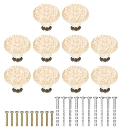 sourcing map 10Pcs Ceramic Knobs, 34mm/1.34 Flower Pattern Mushroom Knob Raised Base Drawer Pull Handle Vintage Wardrobe Knobs with Screws for Vanity Bedroom Furniture Closet, Light Yellow