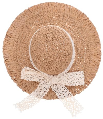 Kleiner Strohhut für Puppen mit Spitzenband, Karierte Dekoration | Straw Woven, mit Spitzenband und Spitzenband, für Selbstgemacht Bastelarbeiten und Party Dekoration, Beige