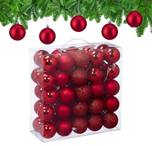 Relaxdays Christmas Baubles, Set of 50, Tree Ornaments, Holiday Decorations, Plastic, Shatterproof, 6 cm, Red
