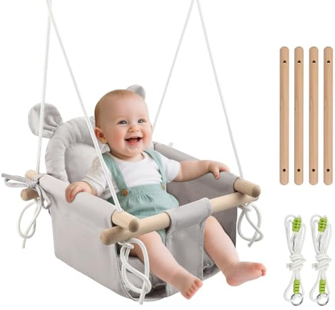 Babyschaukel Kinderschaukel, Baby Schaukel indoor mit Sicherheitsgurt and Kissen,Hängemattenschaukel aus Segeltuch, Hölzerner Hängeschaukelsitz für Babys 6-36 Monate,Tragkraft 60 kg