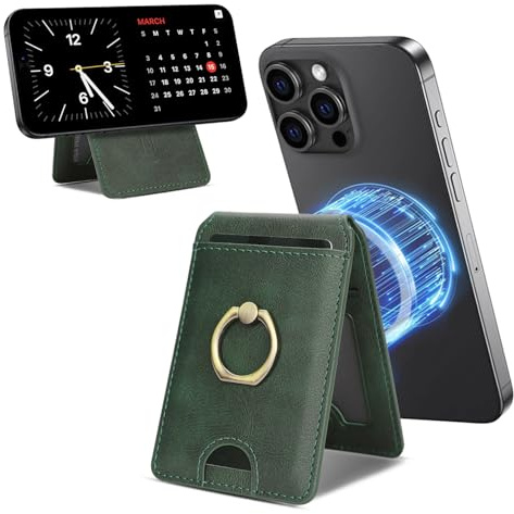 YNlinuofg Ultra-thin magnetic card holder with a rotating stand (Green) | 5-card slot design, premium PU leather, flexible ring, multiple stand modes, the perfect companion for your phone case