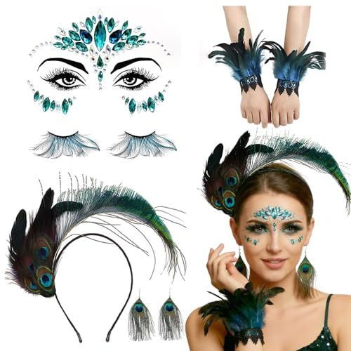 Eyezeeption Pfau Kostüm Damen, Pfauenfedern Ohrringe Wimpern Haarreif Manschetten Glitzersteine Gesicht Karneval Peacock Costume, Pfau Accessoires Damen Set